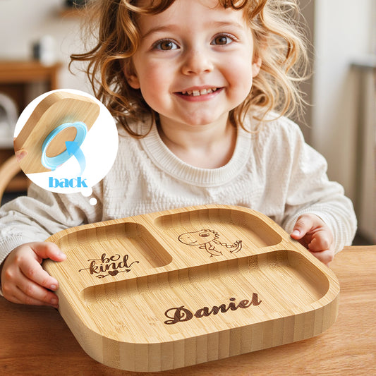 Personalized Square Bamboo Suction Plate with Baby Name – Eco-Friendly Toddler Mealtime Gift