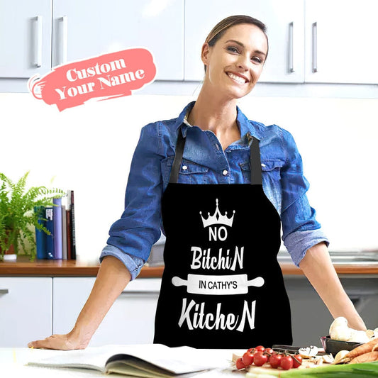 Custom Name Apron – “No Bitchin’ in My Kitchen” Personalized Apron Gift for Her, Funny Kitchen Gift, Cooking Apron with Sayings